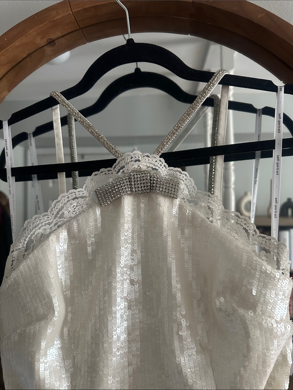 Self-Portrait Ivory Sequin Slip Dress with Crystal Straps - Picture 3 of 9